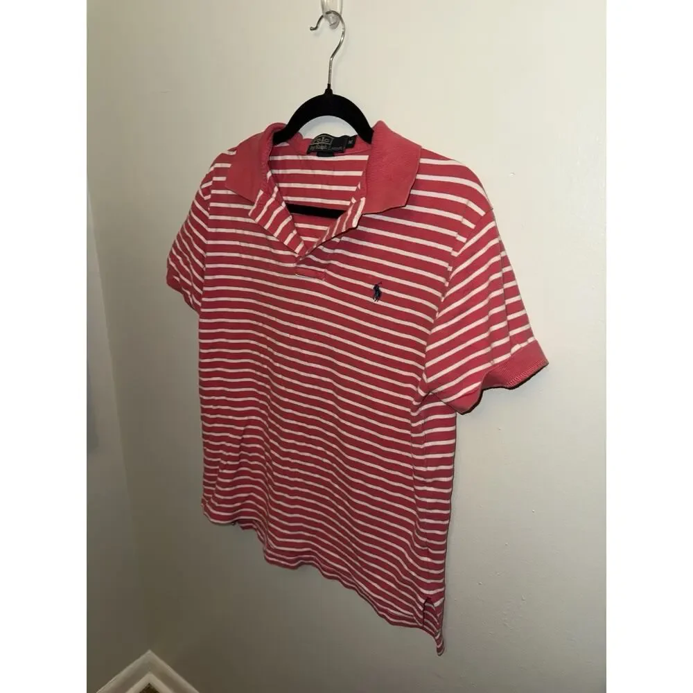 POLO Ralph Lauren Classic Fit Mesh Polo Pink White Stripes | Size Medium Adult
